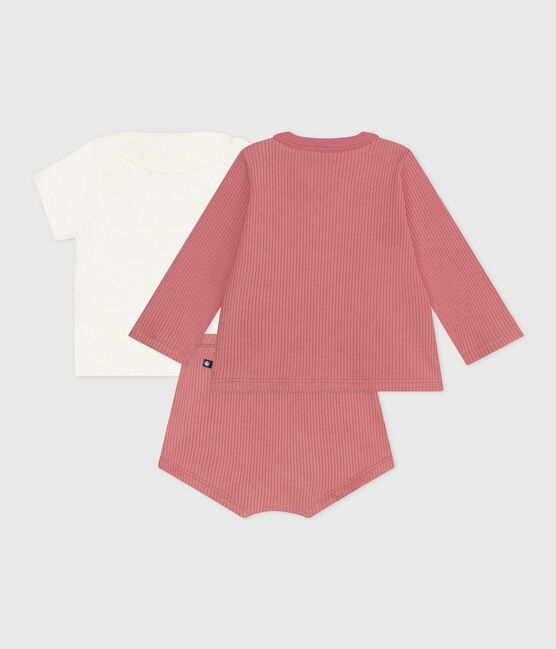 3-teiliges Newborn-Set aus Baumwolle und T-Shirt mit besticktem Kragen rosa ROSEWOOD/ MULTICO