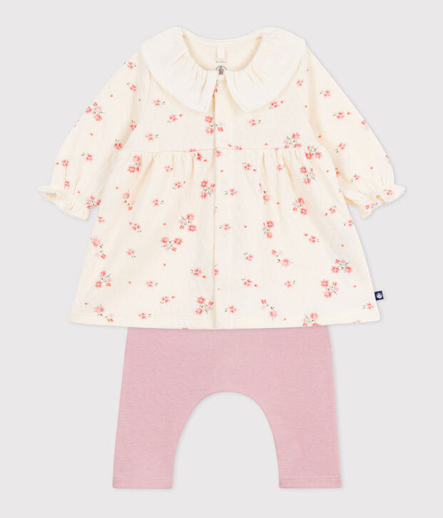 Baby-Kleid mit gebl&uuml;mtem Kragen und Leggings aus Baumwolle naturfarben/vielfarbig