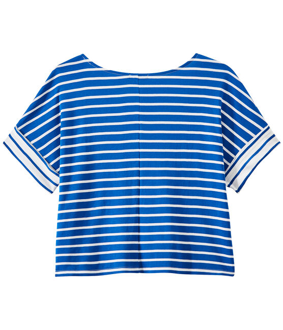 Überschnittenes Damen-T-Shirt mit Streifenmuster blau PERSE/weiss MARSHMALLOW