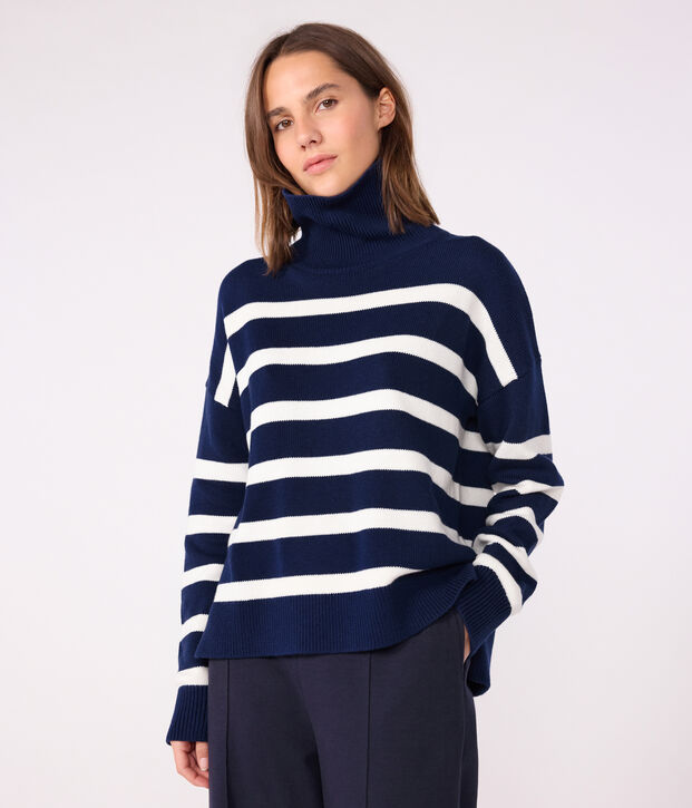 Damen-Pullover mit Stehkragen aus Wolle und Baumwolle mit Streifen blau/weiss