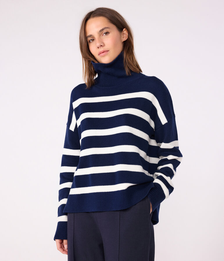 Damen-Pullover mit Stehkragen aus Wolle und Baumwolle mit Streifen blau/weiss