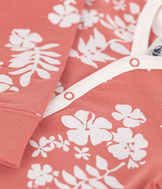 Baby-Strampler aus Baumwolle mit abnehmbaren Füßen und Hawaiimuster rosa PAPAYE/ MARSHMALLOW