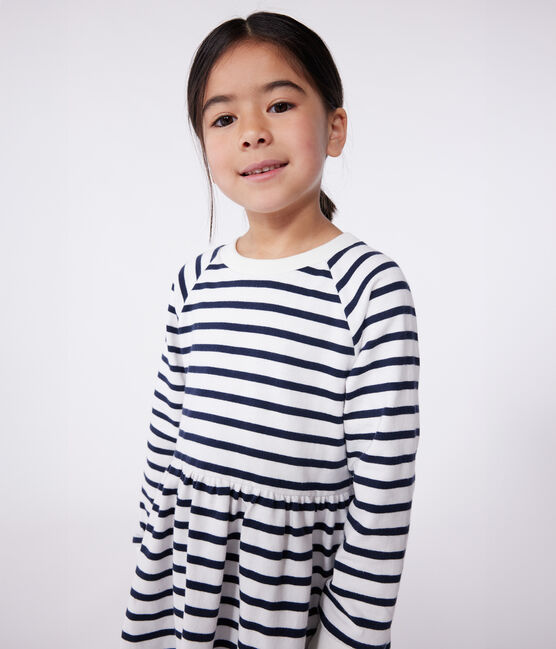 Langärmeliges Kinder-Kleid aus Baumwolle mit Streifen weiss MARSHMALLOW/blau SMOKING
