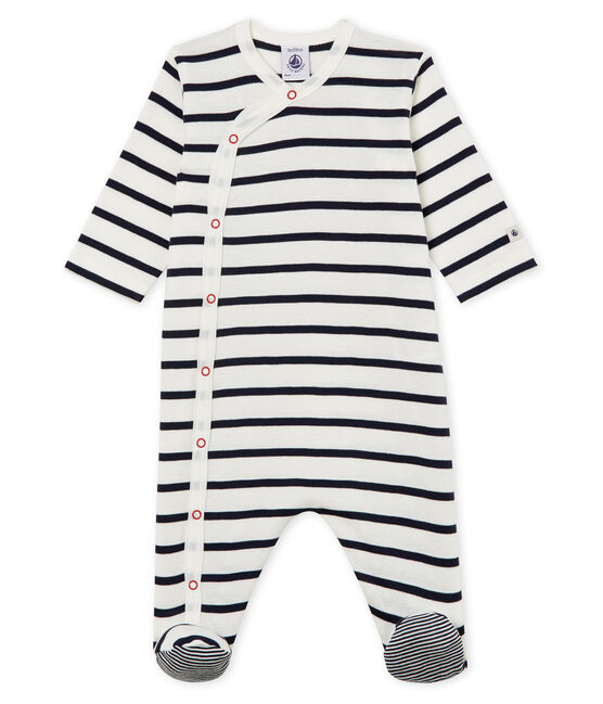 Baby-Strampler aus Rippstrick weiss MARSHMALLOW/blau SMOKING
