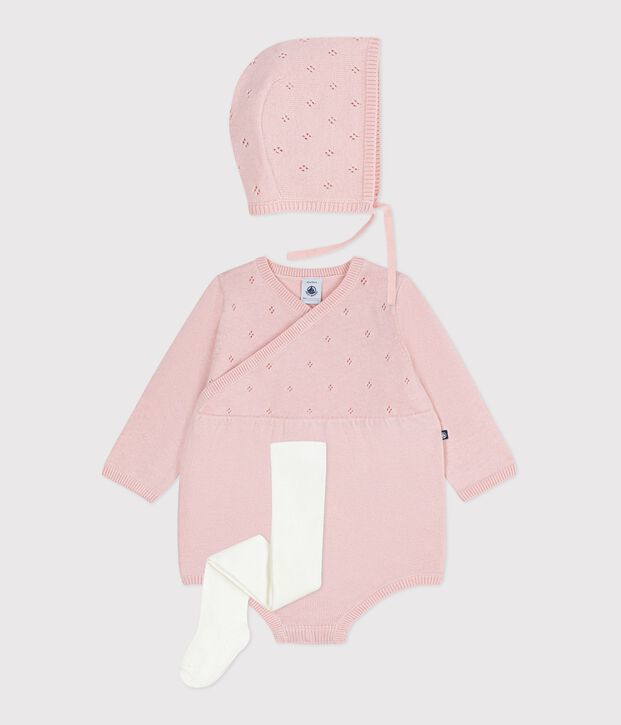 Baby-Geschenkset M&uuml;tzchen, Strampelanzug und Strumpfhose aus Strick vielfarbig
