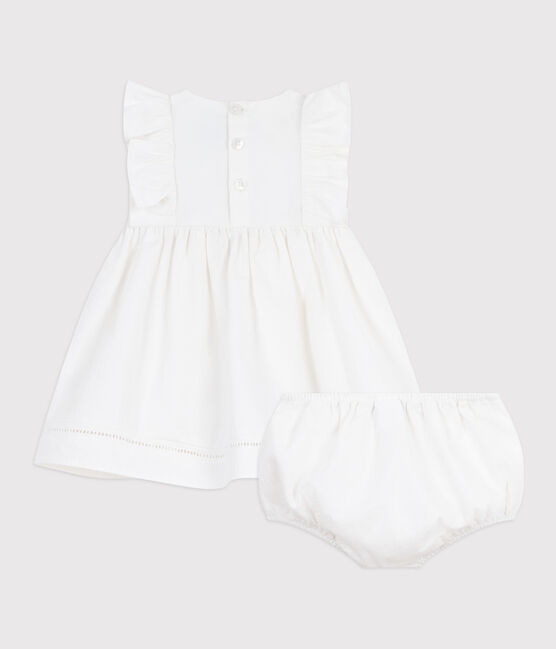 Ärmelloses Baby-Kleid aus einfarbiger Baumwolle mit Stickerei und dazu passendem Bloomer weiss ECUME