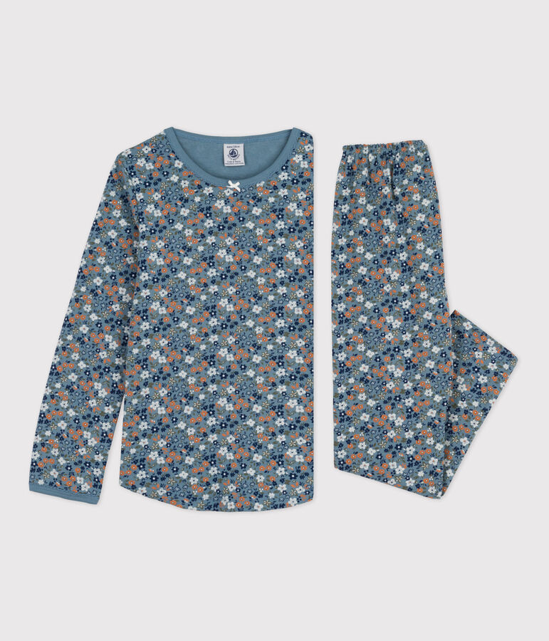 Kinderpyjama aus Baumwolle mit Blumenmotiv f&uuml;r M&auml;dchen blau/vielfarbig