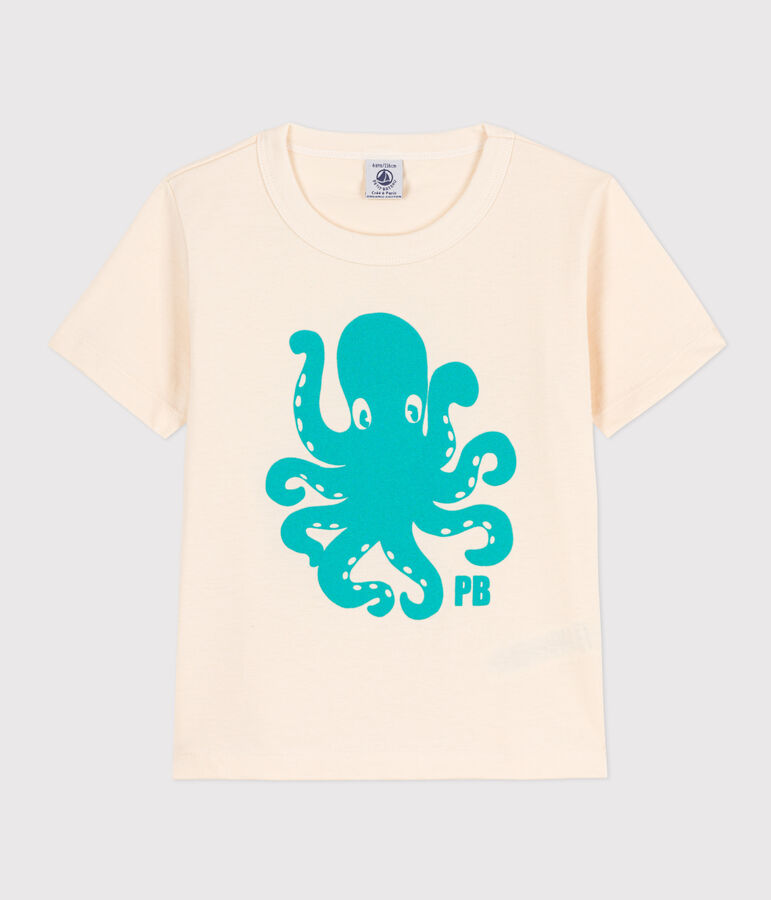 Kurz&auml;rmeliges beflocktes Kinder-T-Shirt f&uuml;r Jungen naturfarben