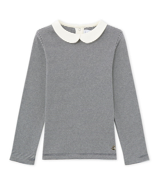 Mädchen-Langarmshirt mit Milleraies-Ringelmuster blau SMOKING/beige COQUILLE