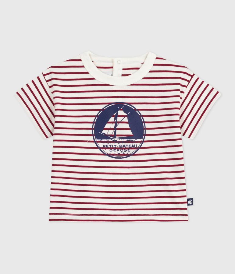 Kurz&auml;rmeliges Baby-T-Shirt aus Baumwolle mit Streifen naturfarben/rot