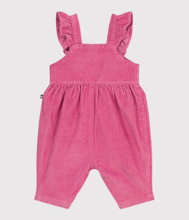 Langbeinige Baby-Latzhose aus einfarbigem Fein-Cord mit Volants rosa