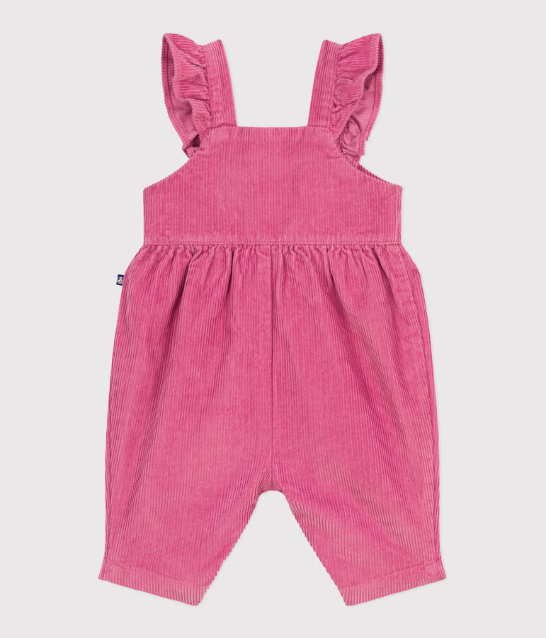 Langbeinige Baby-Latzhose aus einfarbigem Fein-Cord mit Volants rosa