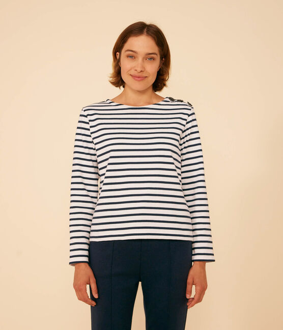 Geknöpftes Matrosenshirt aus Baumwolle Damen weiss MARSHMALLOW/blau SMOKING