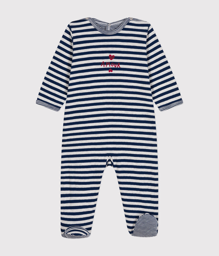 Gestreifter Baby-Strampler aus Doppeljersey blau/beige