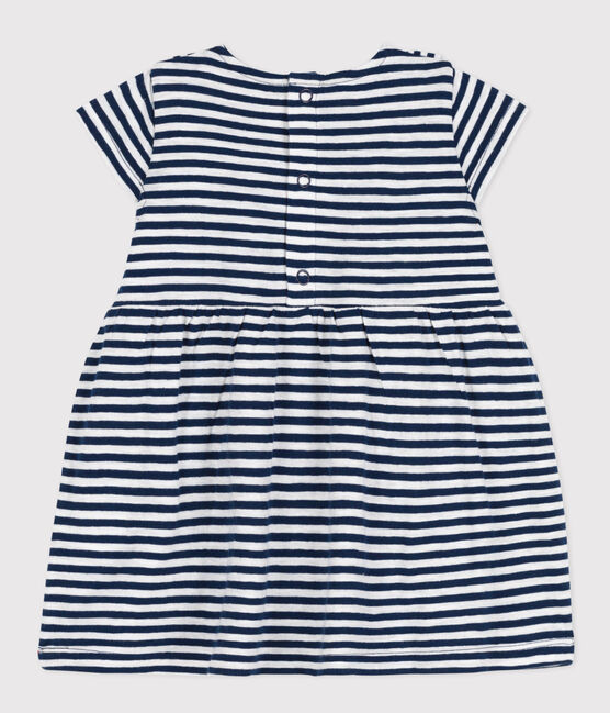 Kurzärmeliges Babykleid aus gestreiftem geflammtem Jersey blau MEDIEVAL/weiss MARSHMALLOW