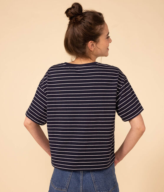 Damen-T-Shirt LE BOXY aus Baumwolle blau SMOKING/weiss MARSHMALLOW