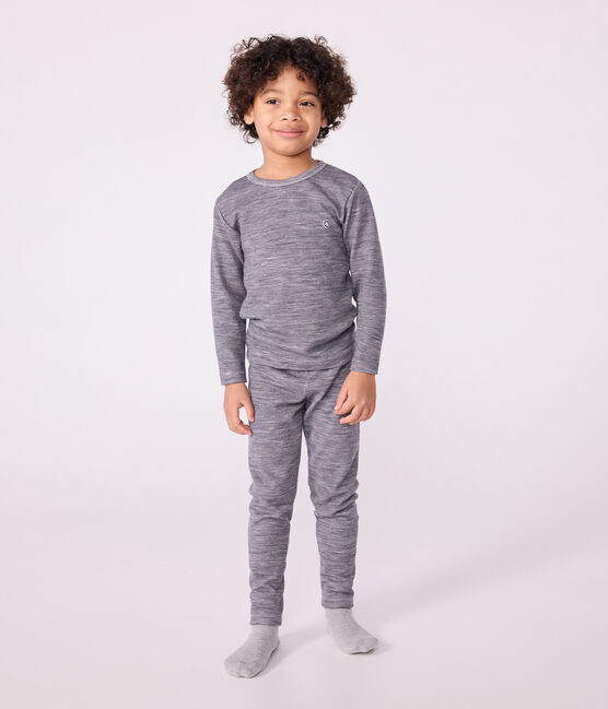 Langärmeliges Kinder-T-Shirt aus Wolle und Baumwolle mit Streifen blau SOIR/ MARSHMALLOW