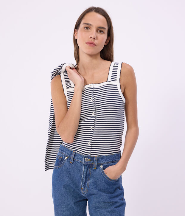 Damen-Tanktop aus Baumwolle mit Streifen blau/weiss