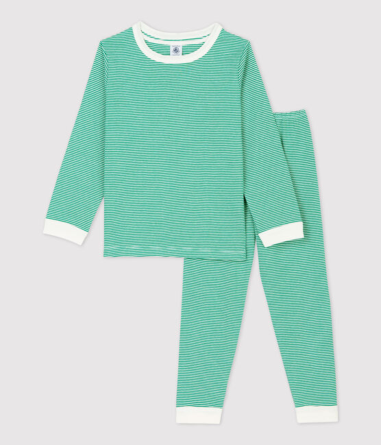 Kinderpyjama aus Bio-Baumwolle mit grünen Ringelstreifen grün PIVERT/weiss MARSHMALLOW