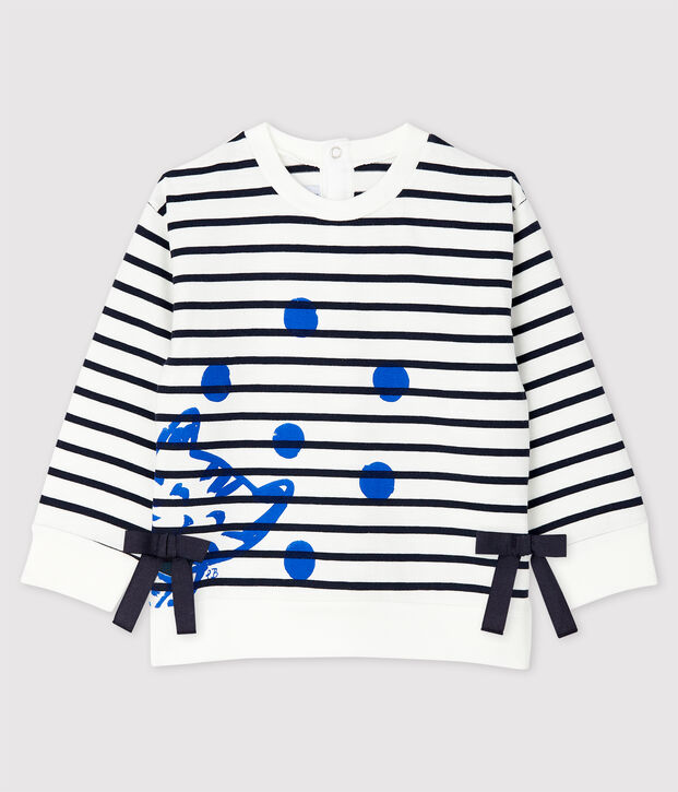Lange Baby-Latzhose aus Molton f&uuml;r M&auml;dchen weiss/blau
