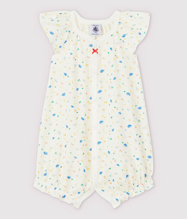 Baby-Einteiler aus Baumwolle und Leinen, mit kleinen Blumen bedruckt weiss/vielfarbig