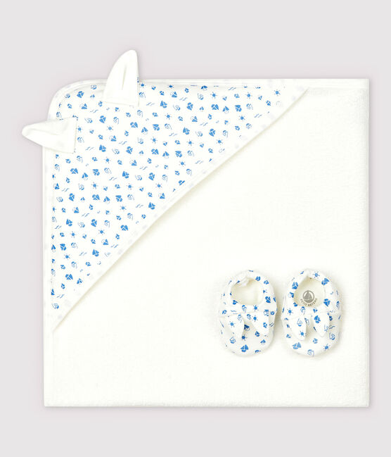 Box mit Badetuch und Babyschuhen aus Frottee und Bio-Baumwolle weiss MARSHMALLOW/blau COOL