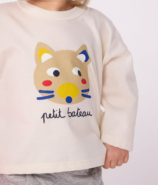 Langärmeliges Baby-T-Shirt aus Baumwolle mit Katzenmotiv MILK/ MULTICO