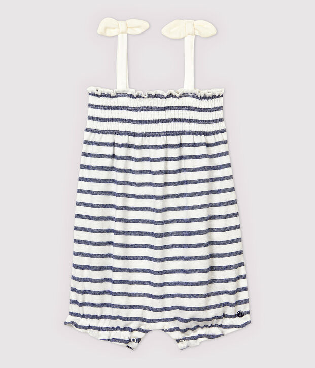 Gestreifter Baby-Kurzoverall aus Baumwolle/Leinen f&uuml;r M&auml;dchen weiss/blau