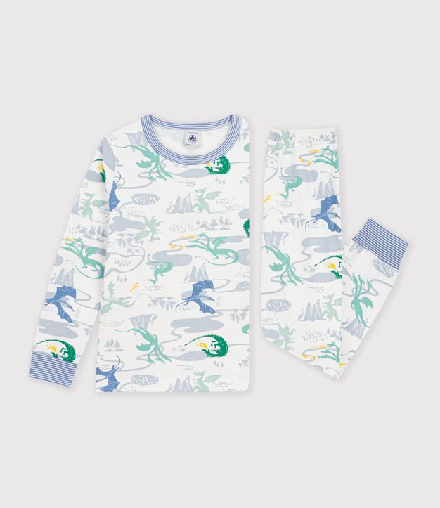 Kinder-Pyjama aus Molton mit Drachenmotiv weiss/vielfarbig