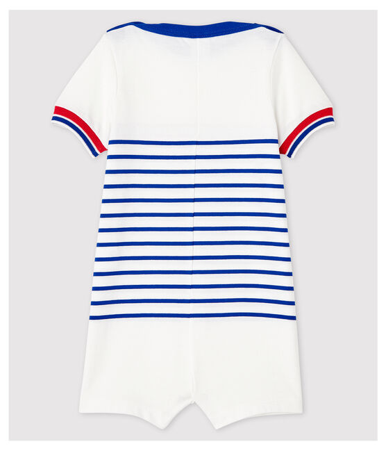 Gestreifter Baby-Kurzoverall aus Jersey für Jungen weiss MARSHMALLOW/blau SURF