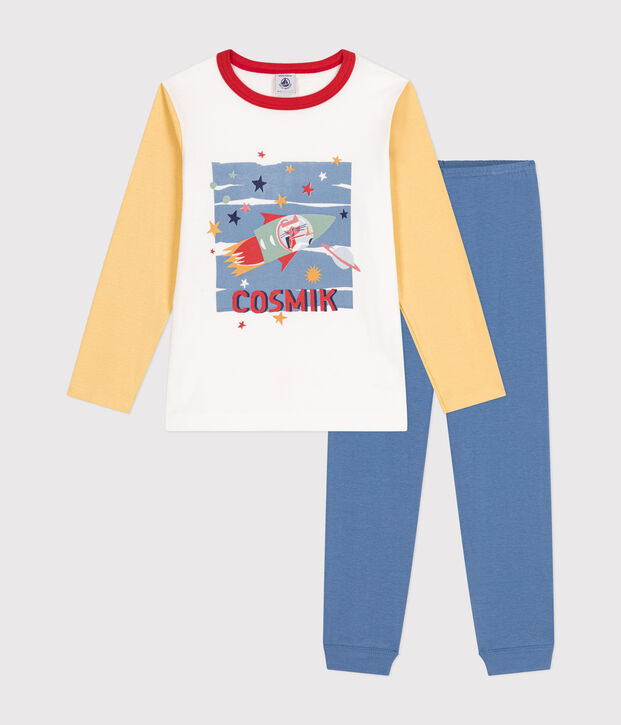 Kinder-Pyjama aus einfarbiger Baumwolle mit Weltraummotiv blau/vielfarbig
