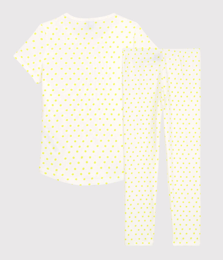 Kinderpyjama aus Baumwolle mit gelbem Polka-Dot-Muster f&uuml;r M&auml;dchen weiss MARSHMALLOW/ SUNNY