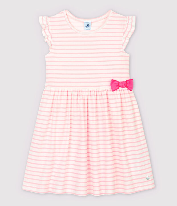 Kurz&auml;rmeliges Kinder-Kleid aus Baumwolle f&uuml;r M&auml;dchen weiss/rosa