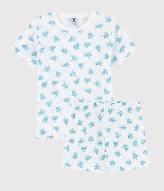 Kinder-Kurzpyjama aus ultra-leichter Baumwolle mit Schildkrötenmotiv weiss MARSHMALLOW/weiss MULTICO