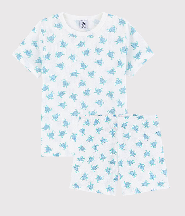 Kinder-Kurzpyjama aus ultra-leichter Baumwolle mit Schildkr&ouml;tenmotiv weiss/vielfarbig