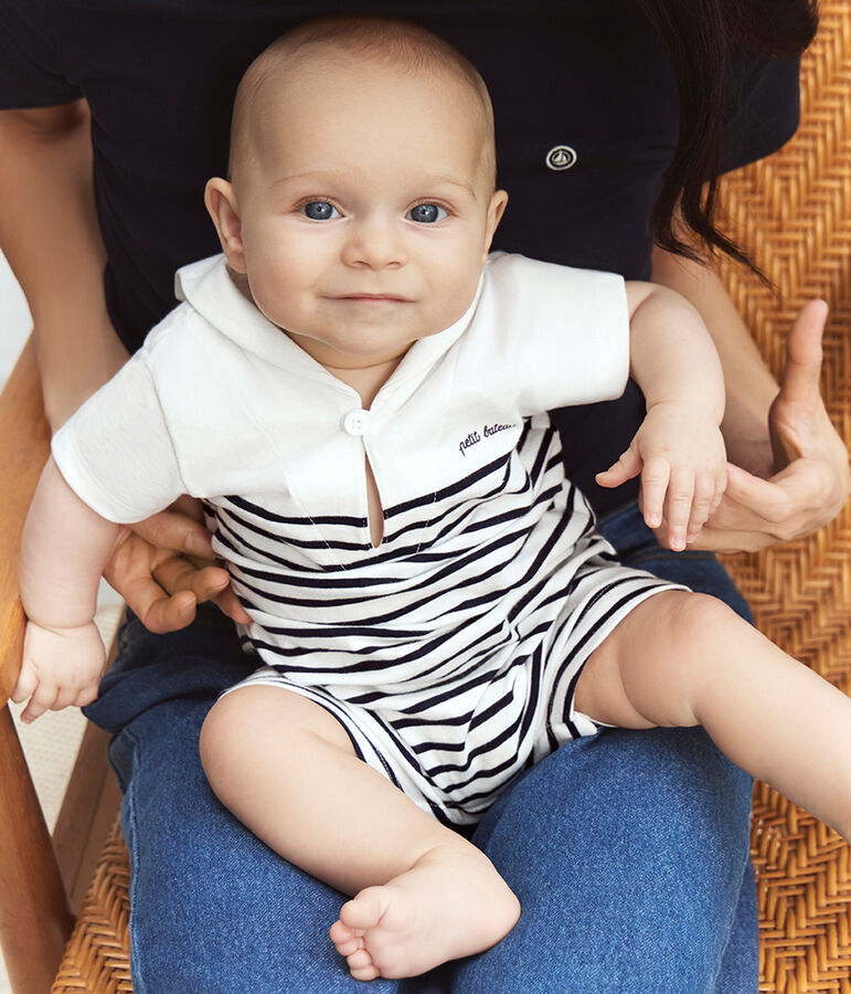 Baby-Kurzoverall mit Matrosenkragen aus gestreifter Baumwolle blau/blau