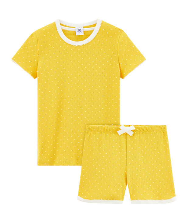 Rippstrick-Kurzpyjama f&uuml;r kleine M&auml;dchen gelb/weiss