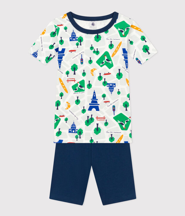 Kurzer Kinderpyjama aus Baumwolle mit Paris-Printmotiv blau/vielfarbig