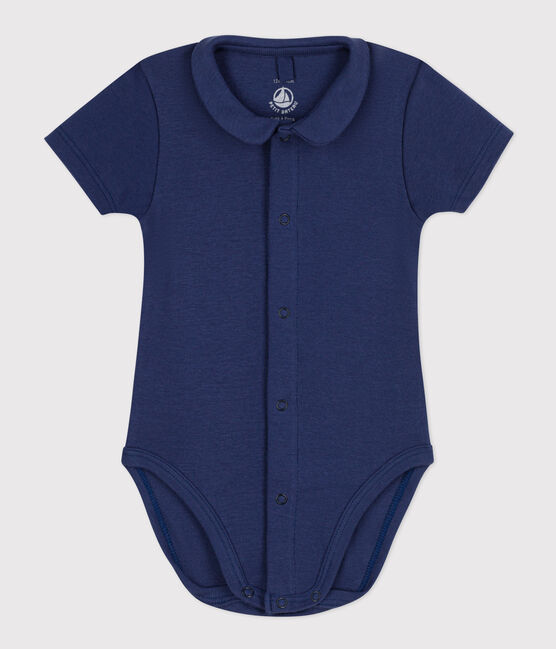 Kurzärmeliger Baby-Body aus Bio-Baumwolle mit Kragen blau CHALOUPE