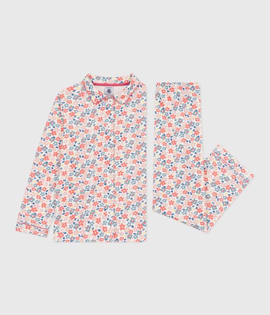 Kinder-Pyjama mit Knopfverschluss aus bedruckter Baumwolle weiss MARSHMALLOW/weiss MULTICO