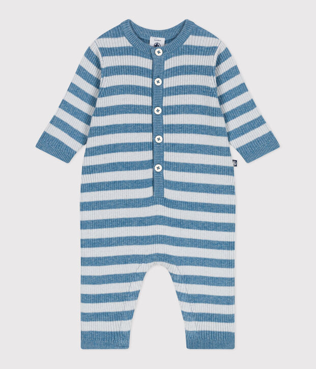 Baby-Overall aus Woll- und Baumwollstrick mit Streifen blau/blau