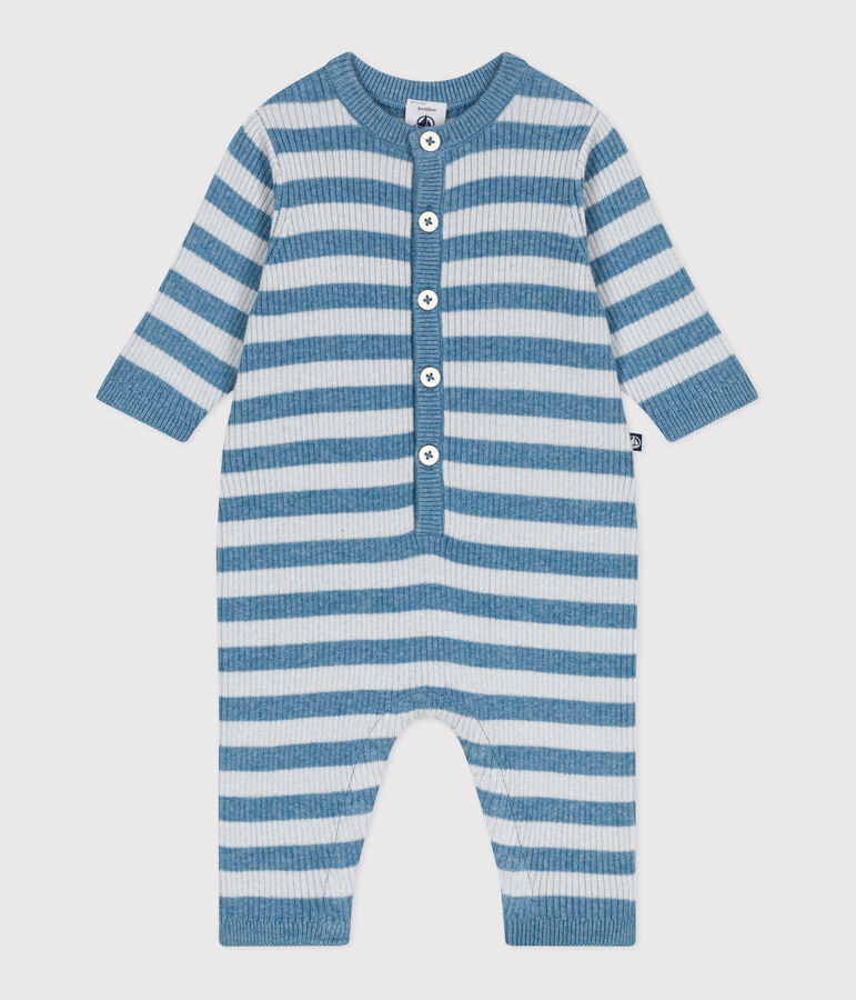 Baby-Overall aus Woll- und Baumwollstrick mit Streifen blau/blau
