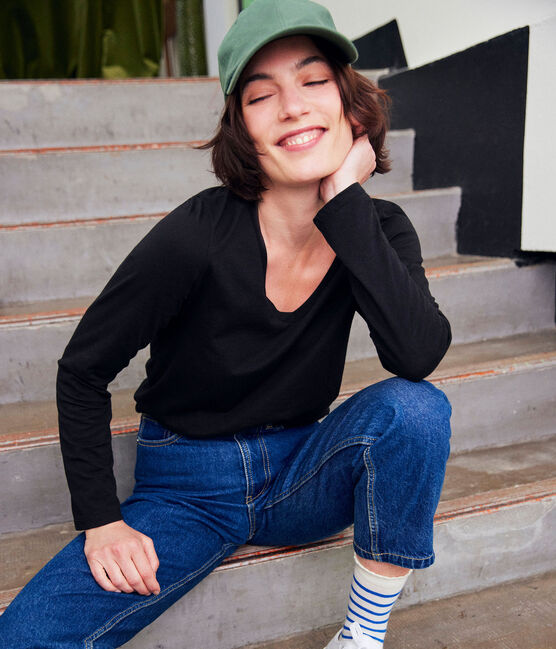Langärmeliges Damen-T-Shirt "Le Droit" mit V-Ausschnitt aus feinem Jersey schwarz NOIR