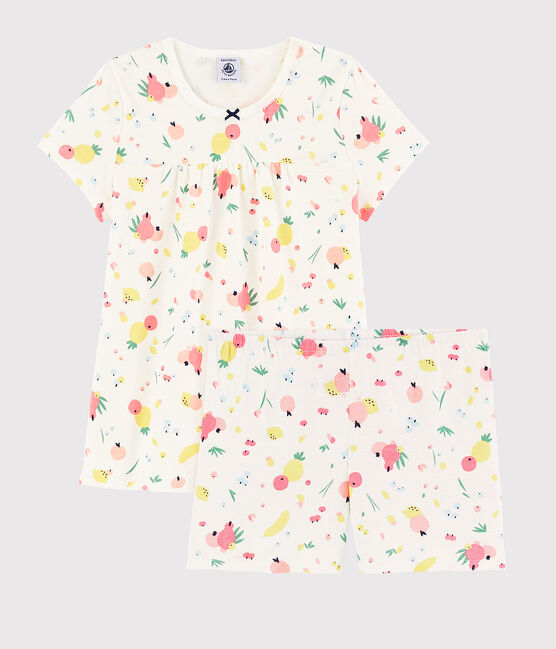 Kinder-Kurzpyjama aus Bio-Baumwolle mit Obstmuster für Mädchen weiss MARSHMALLOW/weiss MULTICO
