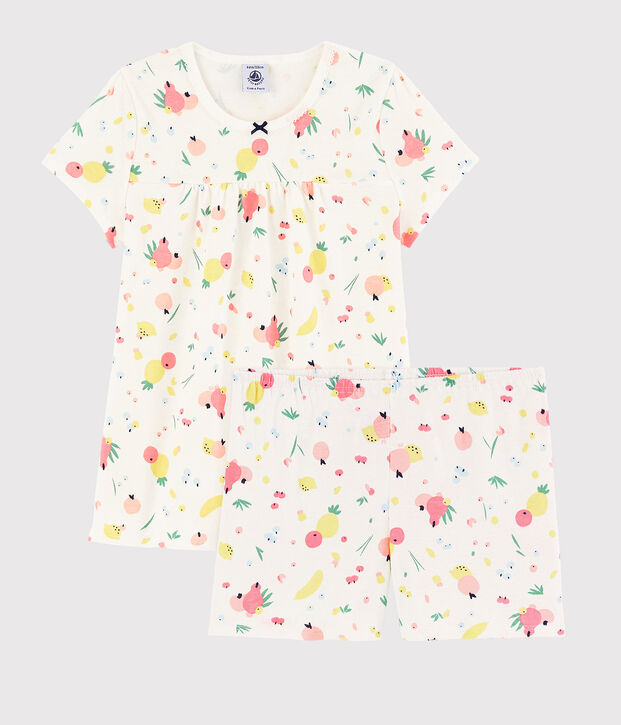 Kinder-Kurzpyjama aus Bio-Baumwolle mit Obstmuster f&uuml;r M&auml;dchen weiss/vielfarbig