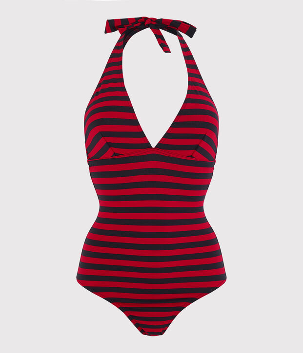 Damen-Badeanzug aus recyceltem Material blau/rot