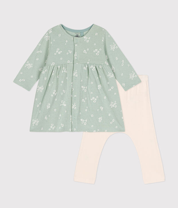 Baby-Kleid und Leggings aus Baumwolle gr&uuml;n/vielfarbig