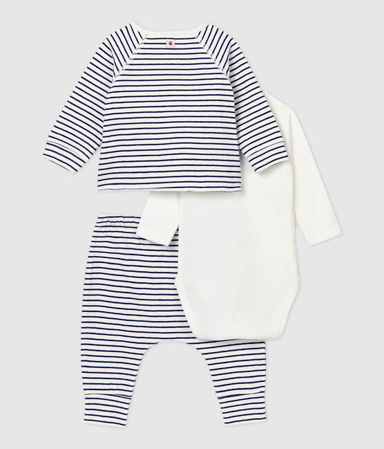 Dreiteiliges Baby-Set mit Streifenmuster aus Bio-Baumwolle weiss MARSHMALLOW/blau SMOKING