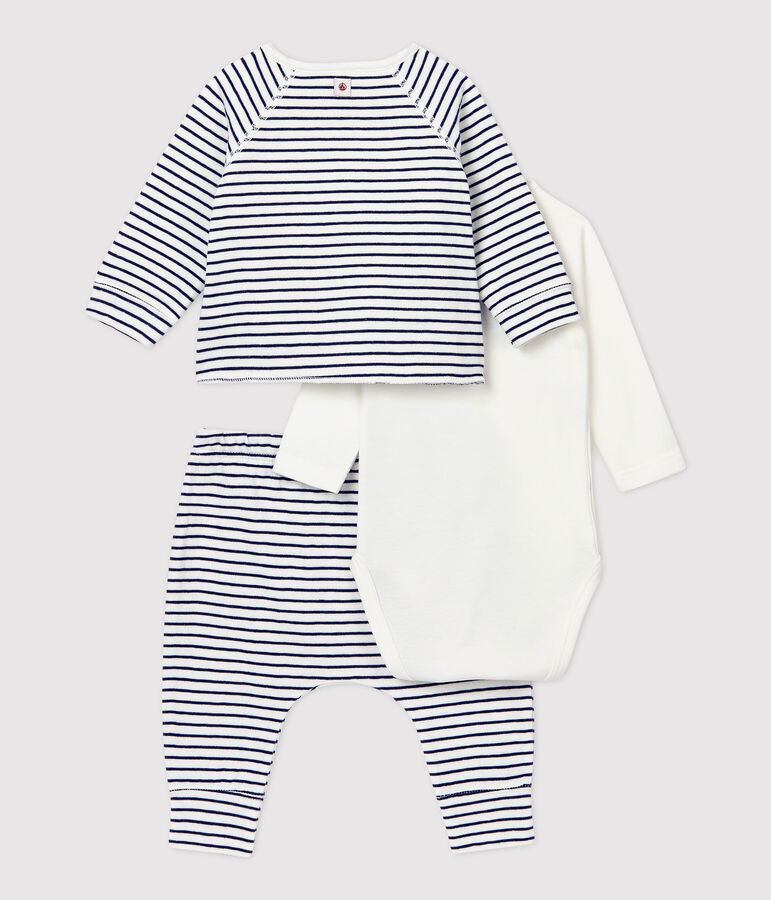 Dreiteiliges Baby-Set mit Streifenmuster aus Bio-Baumwolle weiss/blau