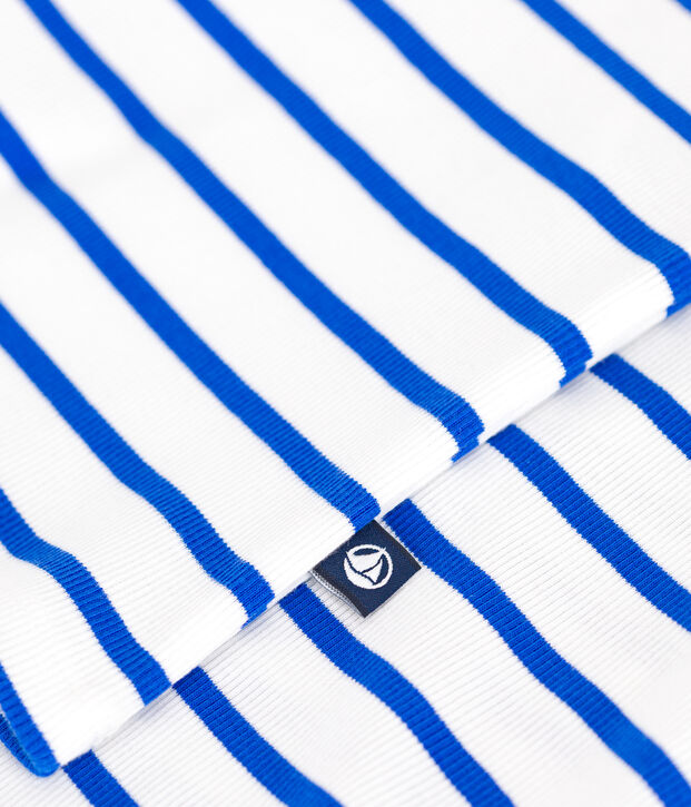 Damen-Kurzpyjama mit feinen Tr&auml;gern aus gestreifter Baumwolle weiss/blau